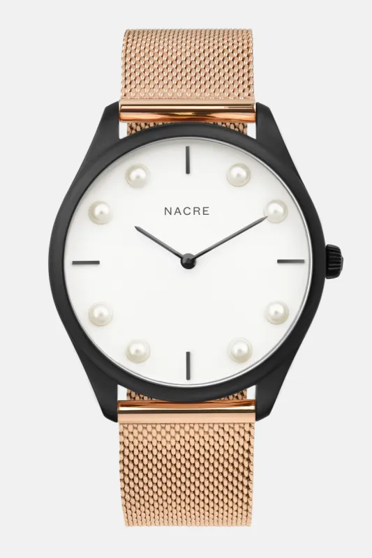Lune 8 - Matte Black and White - Rose Gold Mesh sold by Nacre Watches