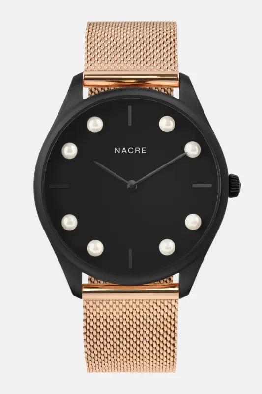 Lune 8 - Matte Black - Rose Gold Mesh sold by Nacre Watches
