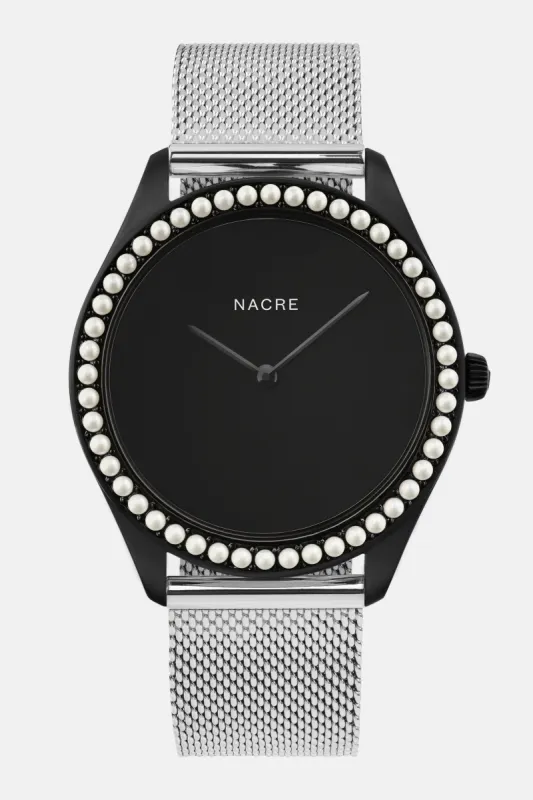 Lune 48 - Matte Black - Stainless Steel Mesh sold by Nacre Watches