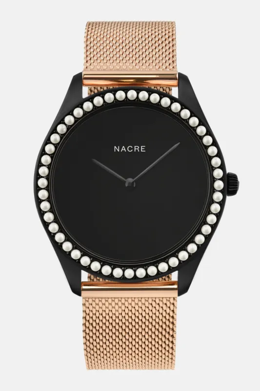 Lune 48 - Matte Black - Rose Gold Mesh sold by Nacre Watches