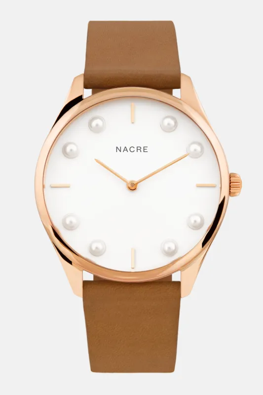 Lune 8 - Rose Gold and White - Saddle Leather sold by Nacre Watches