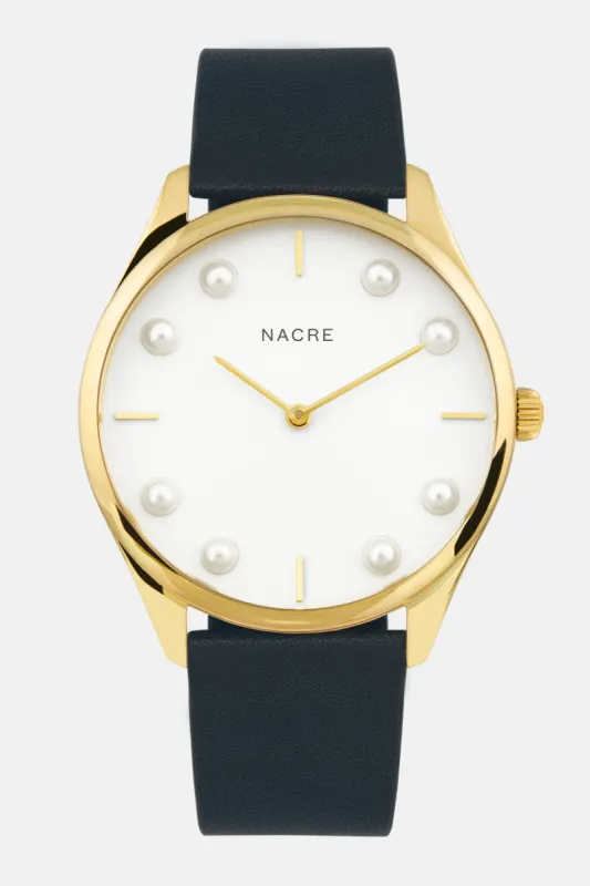 Lune 8 - Gold and White - Navy Leather sold by Nacre Watches
