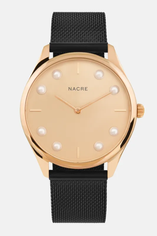 Lune 8 - Rose Gold - Matte Black Mesh sold by Nacre Watches