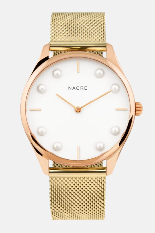 Lune 8 - Rose Gold and White - Gold Mesh sold by Nacre Watches