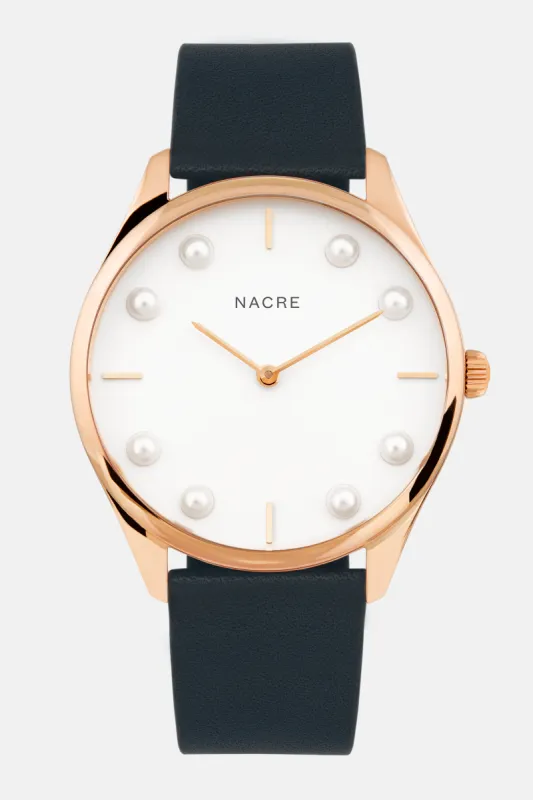 Lune 8 - Rose Gold and White - Navy Leather made by Nacre Watches