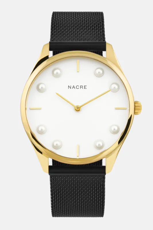 Lune 8 - Gold and White - Matte Black Mesh sold by Nacre Watches