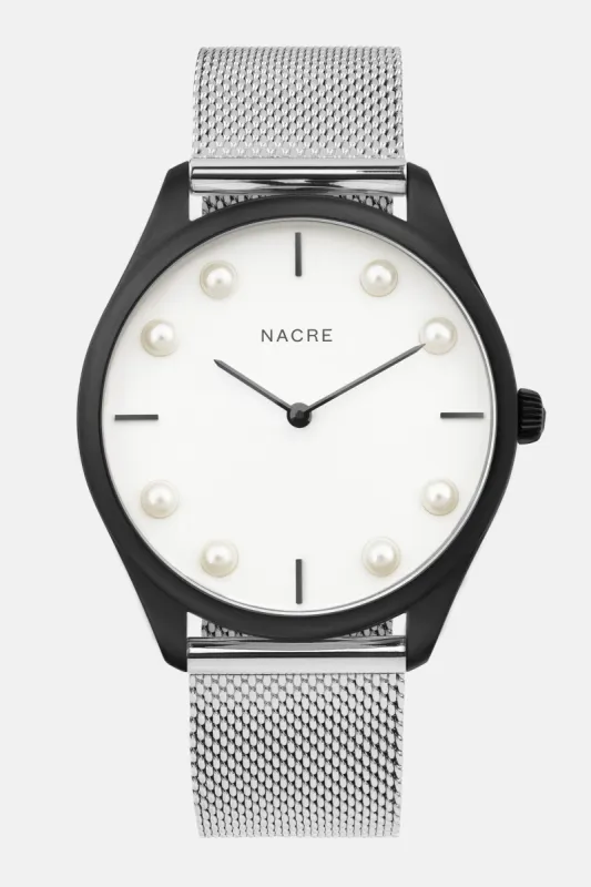Lune 8 - Matte Black and White - Stainless Steel Mesh sold by Nacre Watches