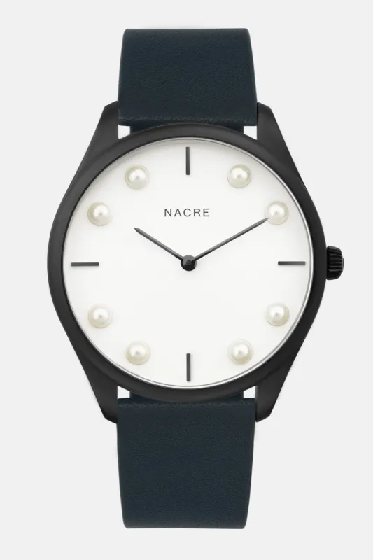 Lune 8 - Matte Black and White - Navy Leather sold by Nacre Watches