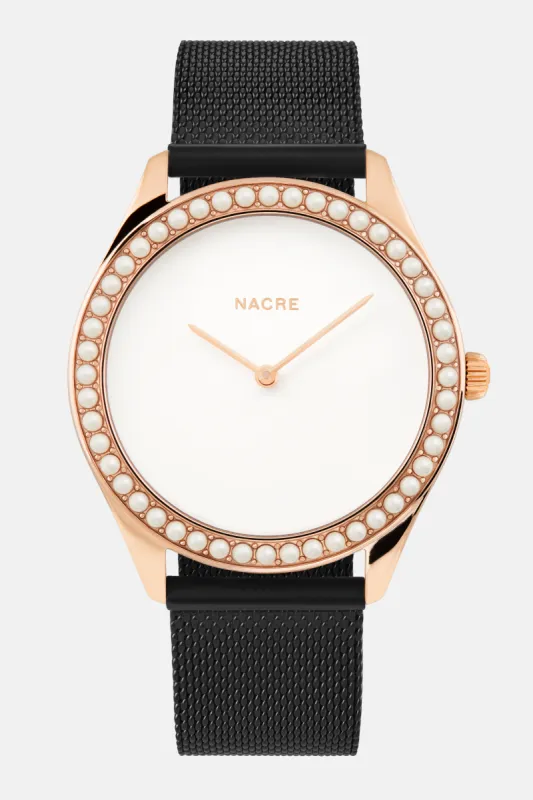 Lune 48 - Rose Gold - Matte Black Mesh sold by Nacre Watches