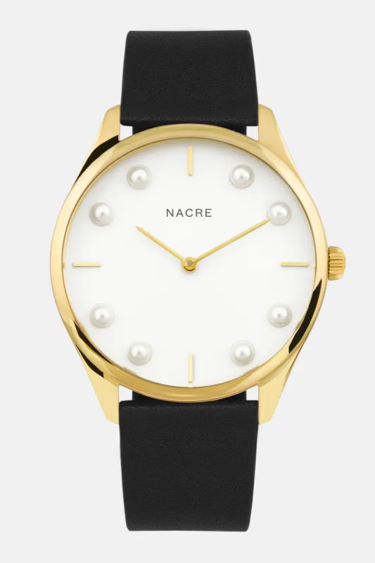 Lune 8 - Gold and White - Black Leather sold by Nacre Watches