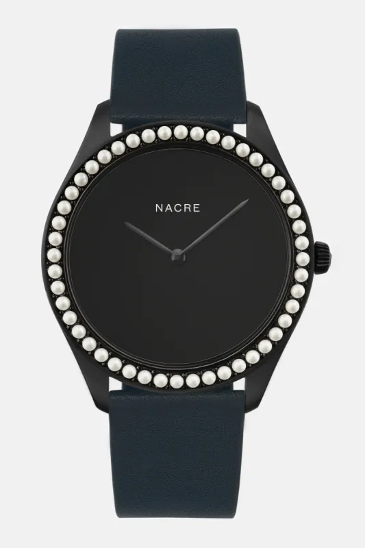 Lune 48 - Matte Black - Navy Leather sold by Nacre Watches