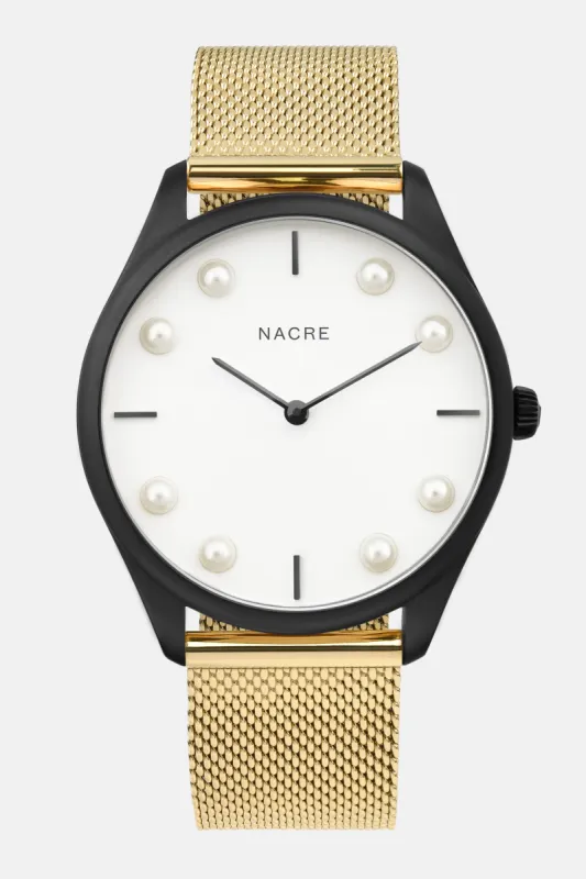Lune 8 - Matte Black and White - Gold Mesh sold by Nacre Watches
