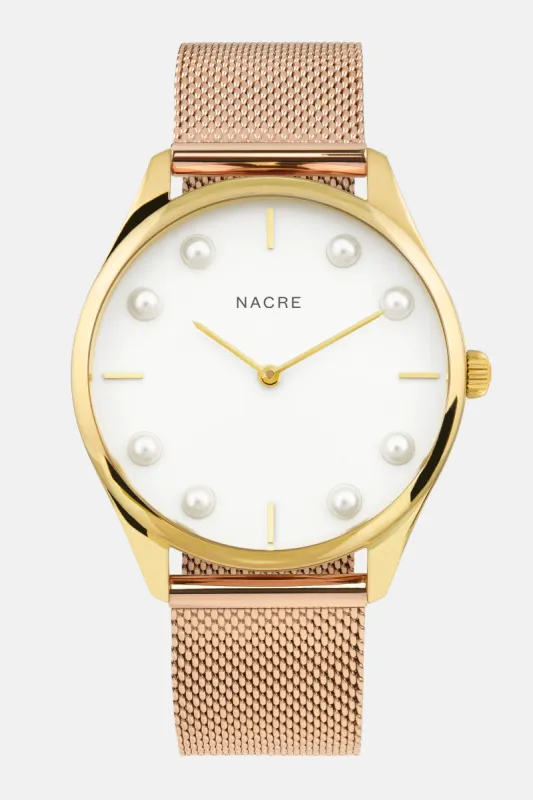 Lune 8 - Gold and White - Rose Gold Mesh sold by Nacre Watches
