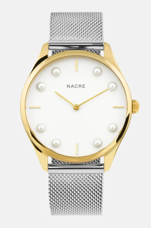 Lune 8 - Gold and White - Stainless Steel Mesh sold by Nacre Watches
