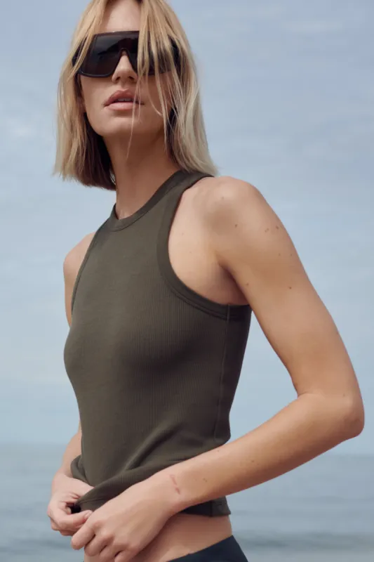 The Not So Basic Tank in Olive sold by Sold Out NYC