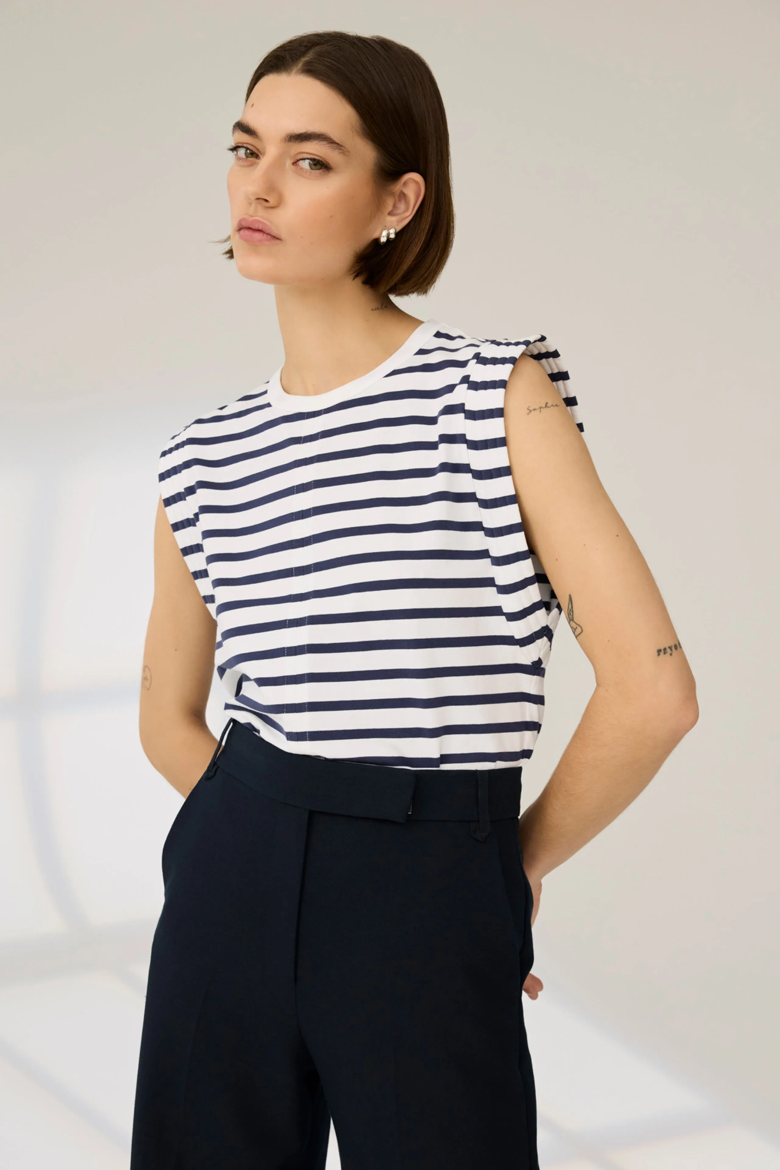 The Gimme That Shoulder Tee in Navy Stripe sold by Sold Out NYC