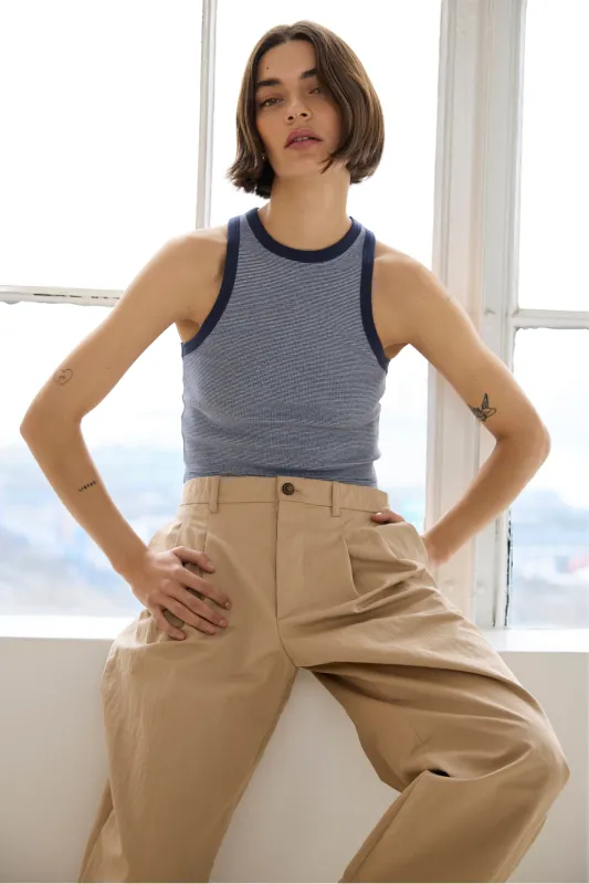 The Cropped Not So Basic Tank in Navy Micro Stripe sold by Sold Out NYC