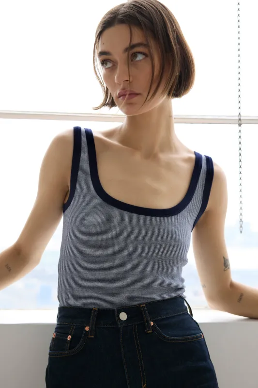 The Scoop It Up Tank in Navy Micro Stripe sold by Sold Out NYC
