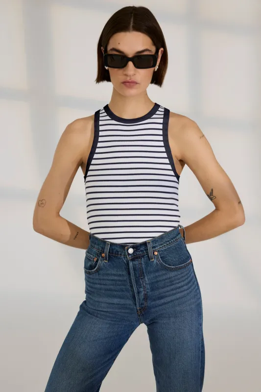 The Not So Basic Tank in Navy Stripe sold by Sold Out NYC