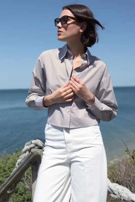 The Cropped Everything Shirt in Truffle Micro Stripe sold by Sold Out NYC