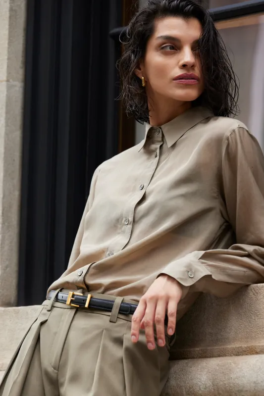 The Sheer Silk Shirt in Olive sold by Sold Out NYC