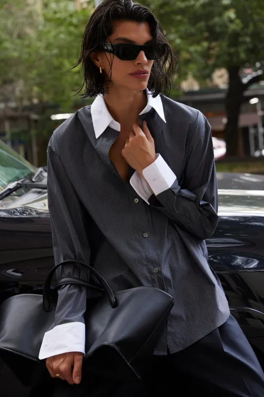 The Everything Shirt in Charcoal Micro Stripe sold by Sold Out NYC