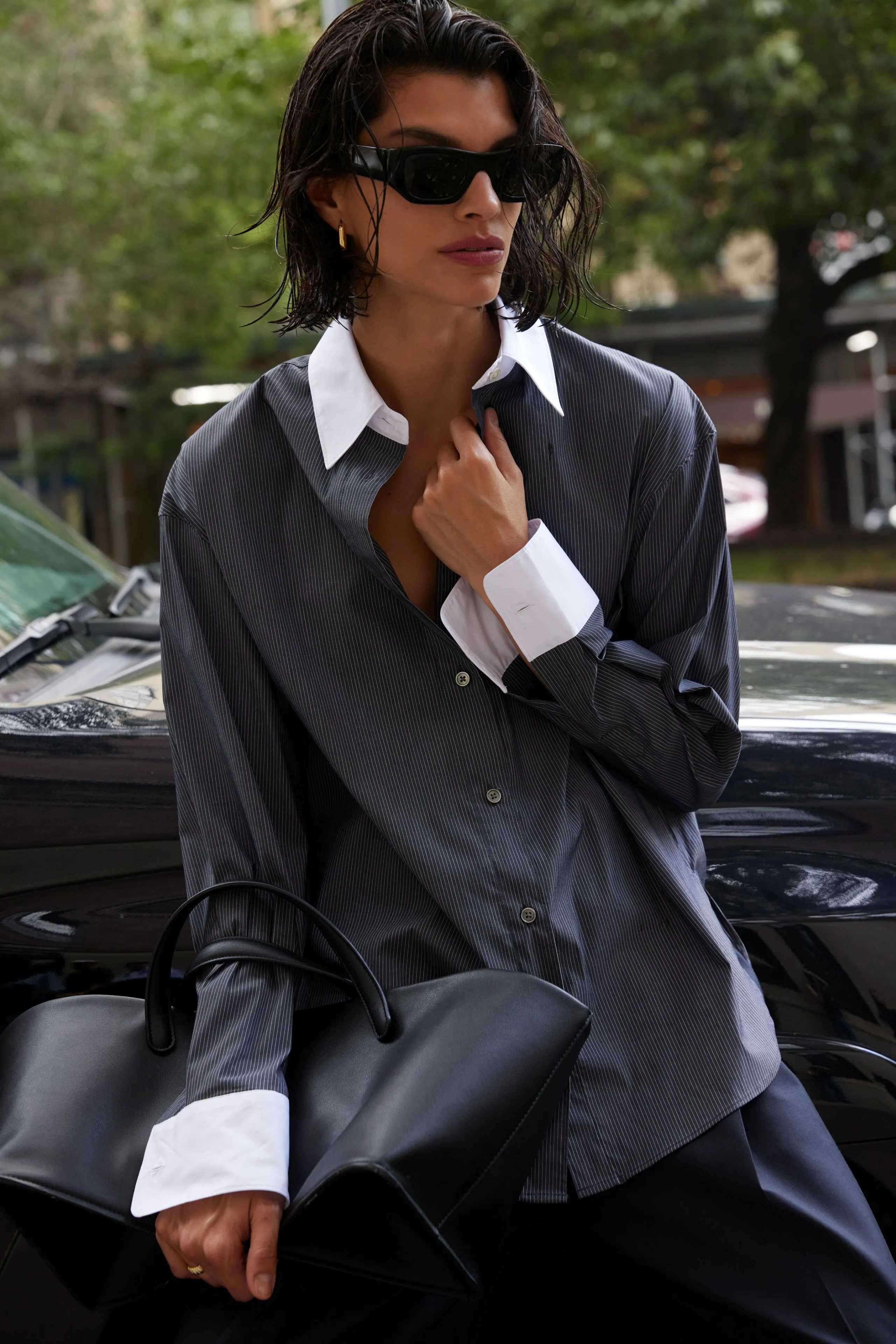 The Everything Shirt in Charcoal Micro Stripe sold by Sold Out NYC