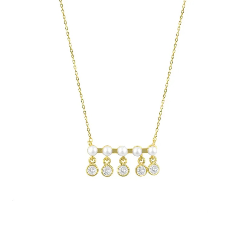 Five Pearls and Crystals on a Gold Bar Necklace sold by The Sis Kiss