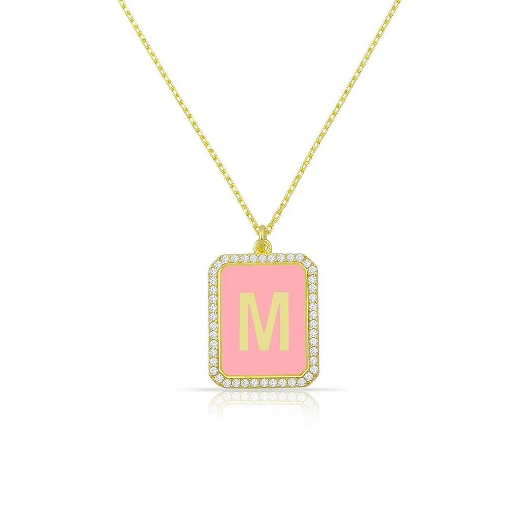 Square Pendant Initial Necklace in Pink or Blue sold by The Sis Kiss