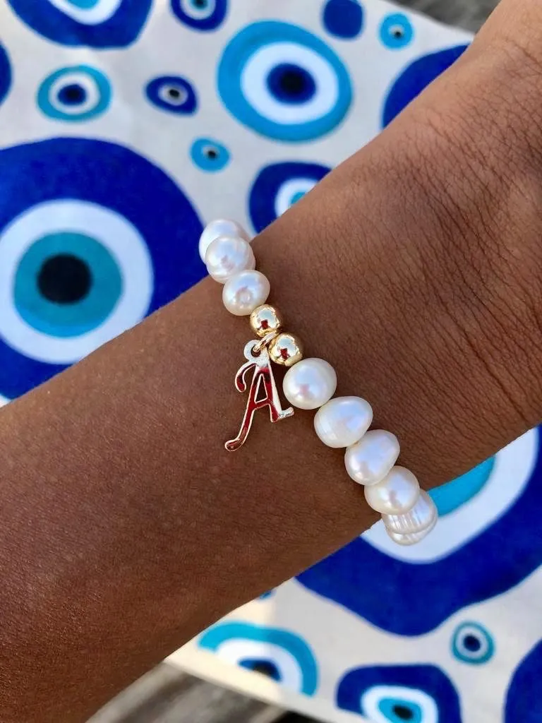 Initial Charm Pearl Stretch Bracelet sold by The Sis Kiss product image thumbnail 2