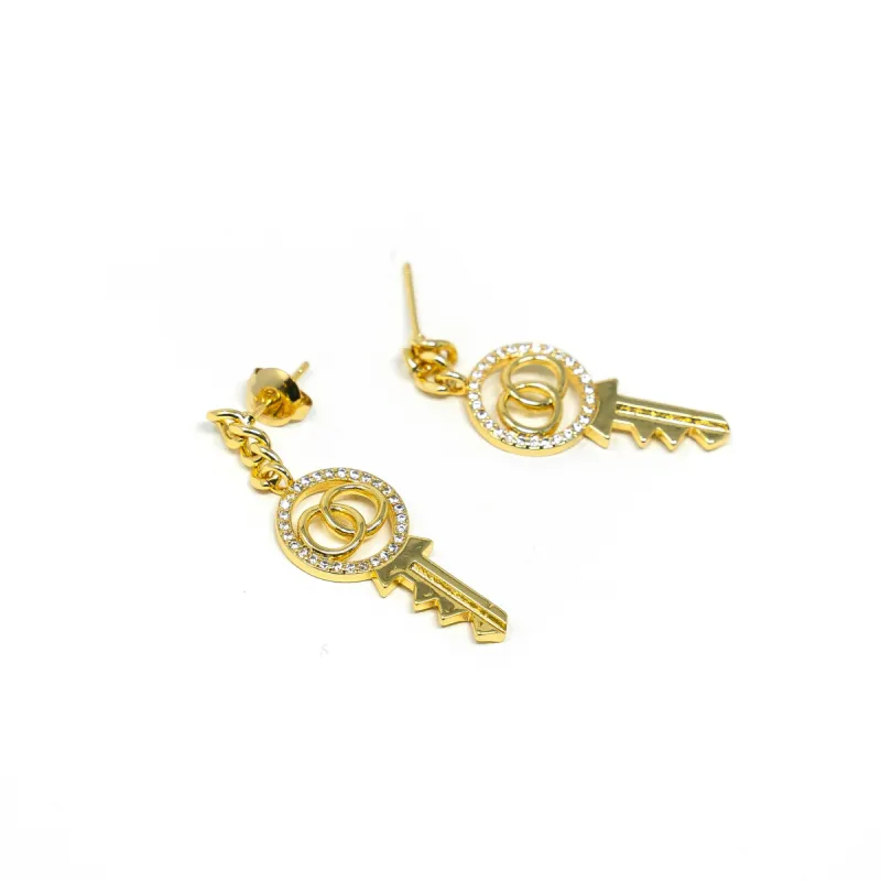 Gold and Crystal Key Earrings sold by The Sis Kiss