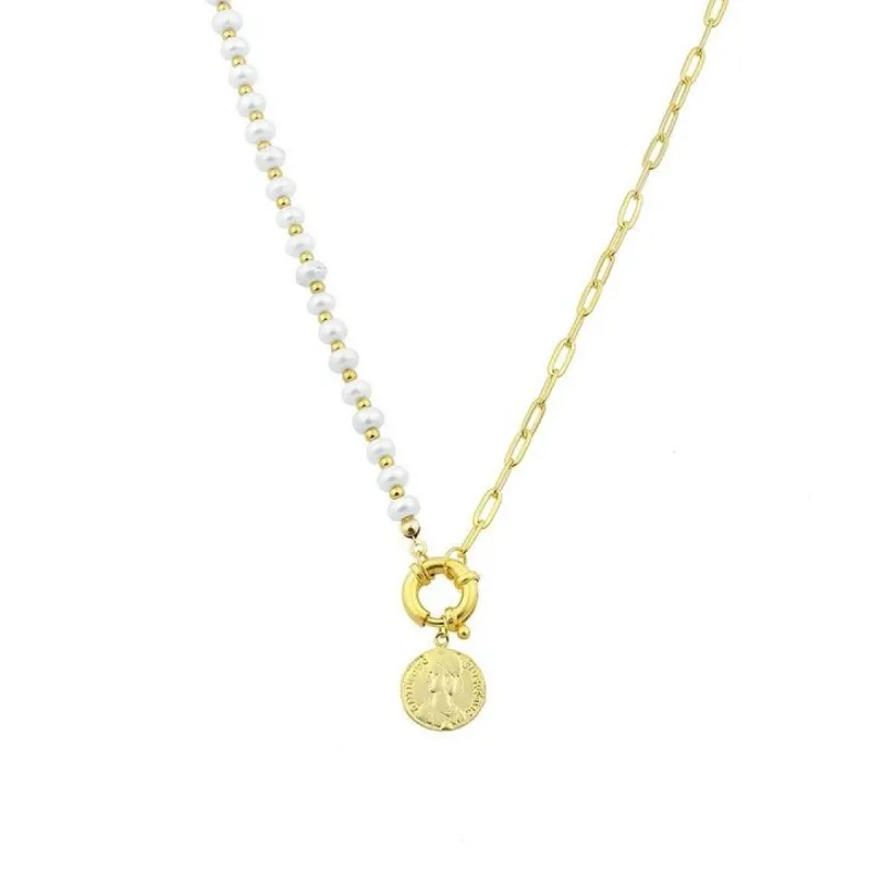 Pearl and Chain Link Greek Coin Necklace sold by The Sis Kiss