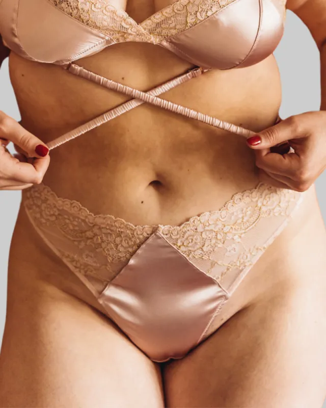 Underclub x Beth Jones Satin & Lurex Lace Thong in Blush sold by Underclub