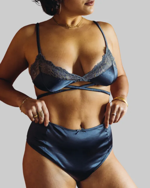 UC x Beth Jones Satin & Lurex Lace Bralette and Bloomer Set in Midnight sold by Underclub