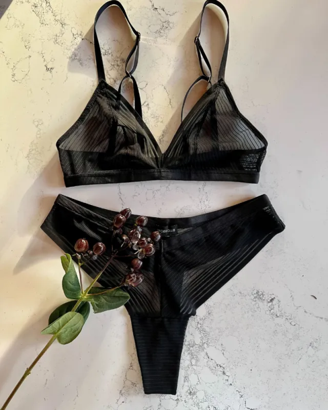 Ruth Stripe Mesh Bralette and Thong Set in Black sold by Underclub
