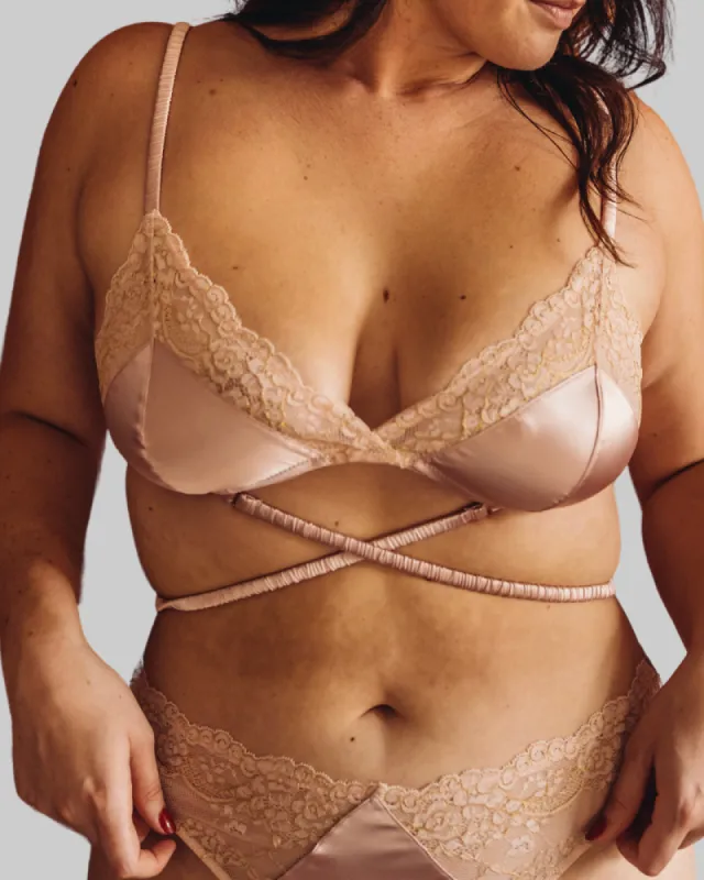 UC x Beth Jones Satin & Lurex Lace Bralette in Blush sold by Underclub