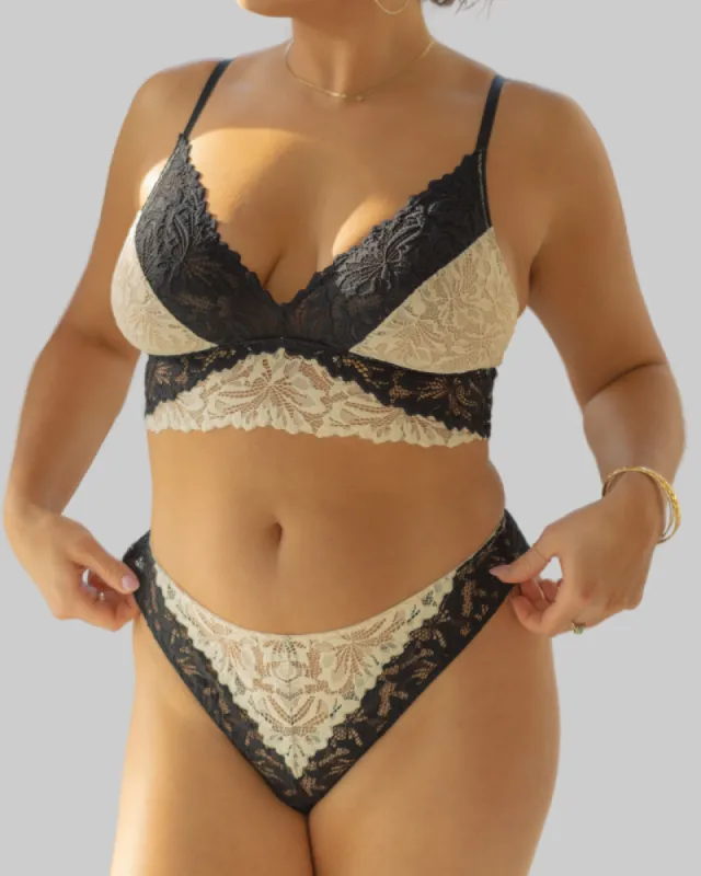 Helen Colorblock Lace Bralette and Tanga Set sold by Underclub