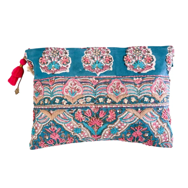Teal Large Zipper Pouch With Embroidery sold by Alicia Bell