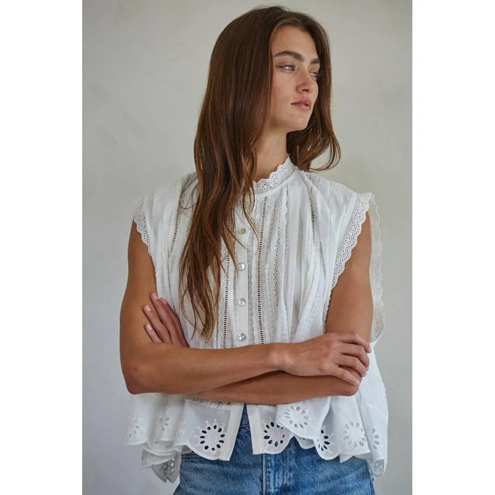 Woven Cotton Eyelet Button down Sleeveless Top: Off White sold by Alicia Bell product image thumbnail 3