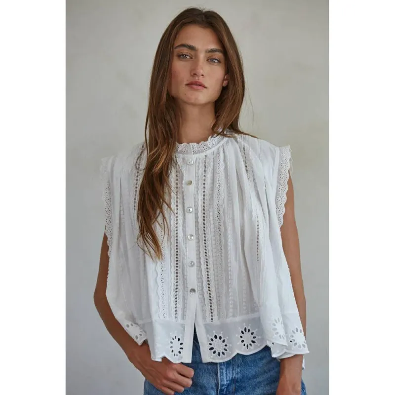 Woven Cotton Eyelet Button down Sleeveless Top: Off White made by By Together