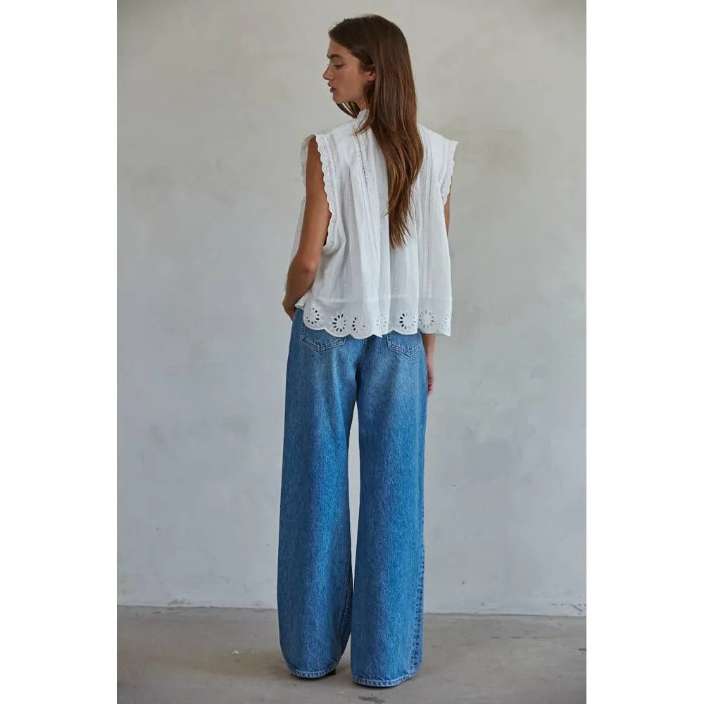 Woven Cotton Eyelet Button down Sleeveless Top: Off White sold by Alicia Bell product image thumbnail 4