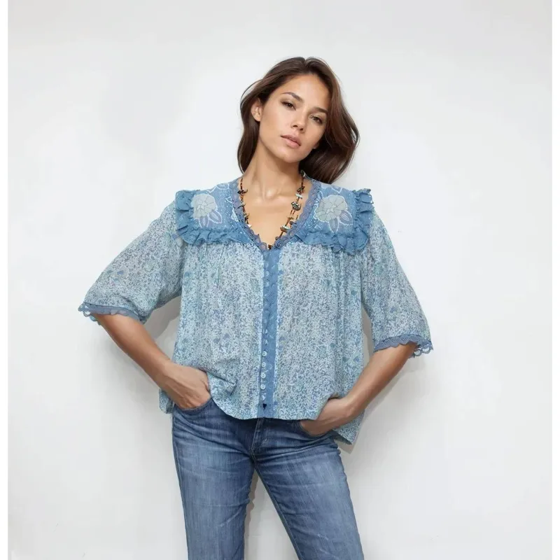 Kelly Printed Blouse Short Sleeves and Lace Liberty Blue made by Alicia Bell