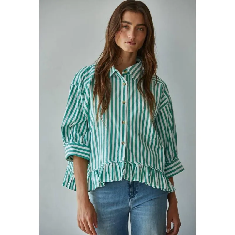 Woven Cotton Striped Button Down Shirt Top: Ivory Green made by By Together