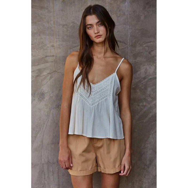 Woven Cotton Spaghetti Strap V-Neck Lace Trim Top : Cream made by By Together