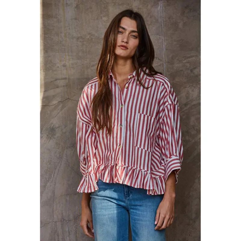 Woven Cotton Striped Button Down Shirt Top: Ivory Red made by By Together