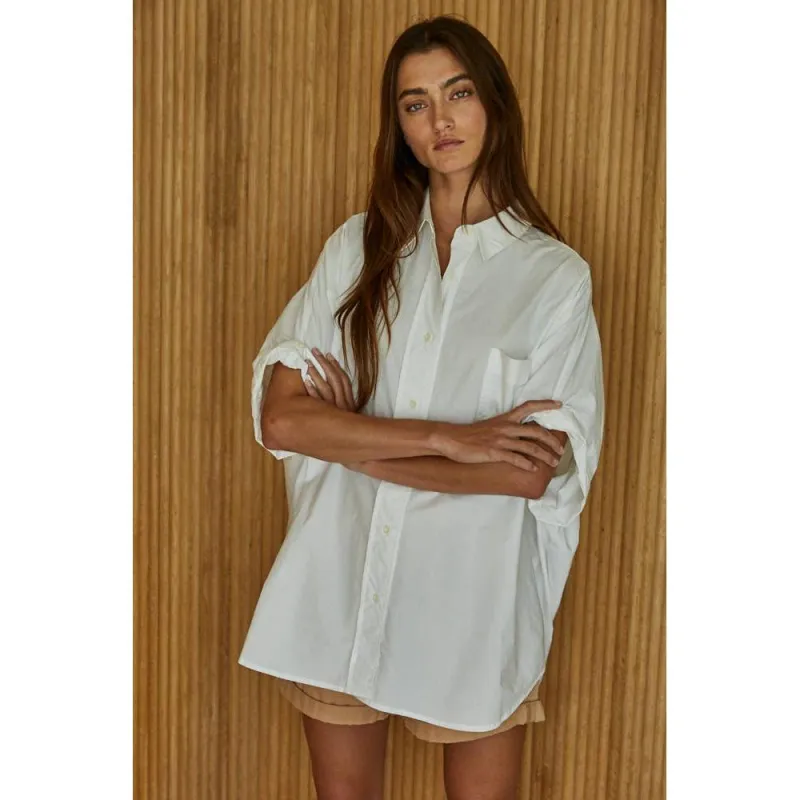 Woven 100% Cotton Oversized Cuff Hem Shirt: Off White made by By Together