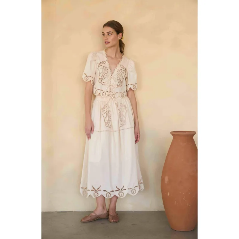 EYELET LADDER LACE FRONT TIE SHORT SLEEVE TOP: CREAM made by Moon River