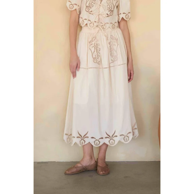 EYELET LADDER LACE SCALLOPED MIDI SKIRT: CREAM made by Moon River