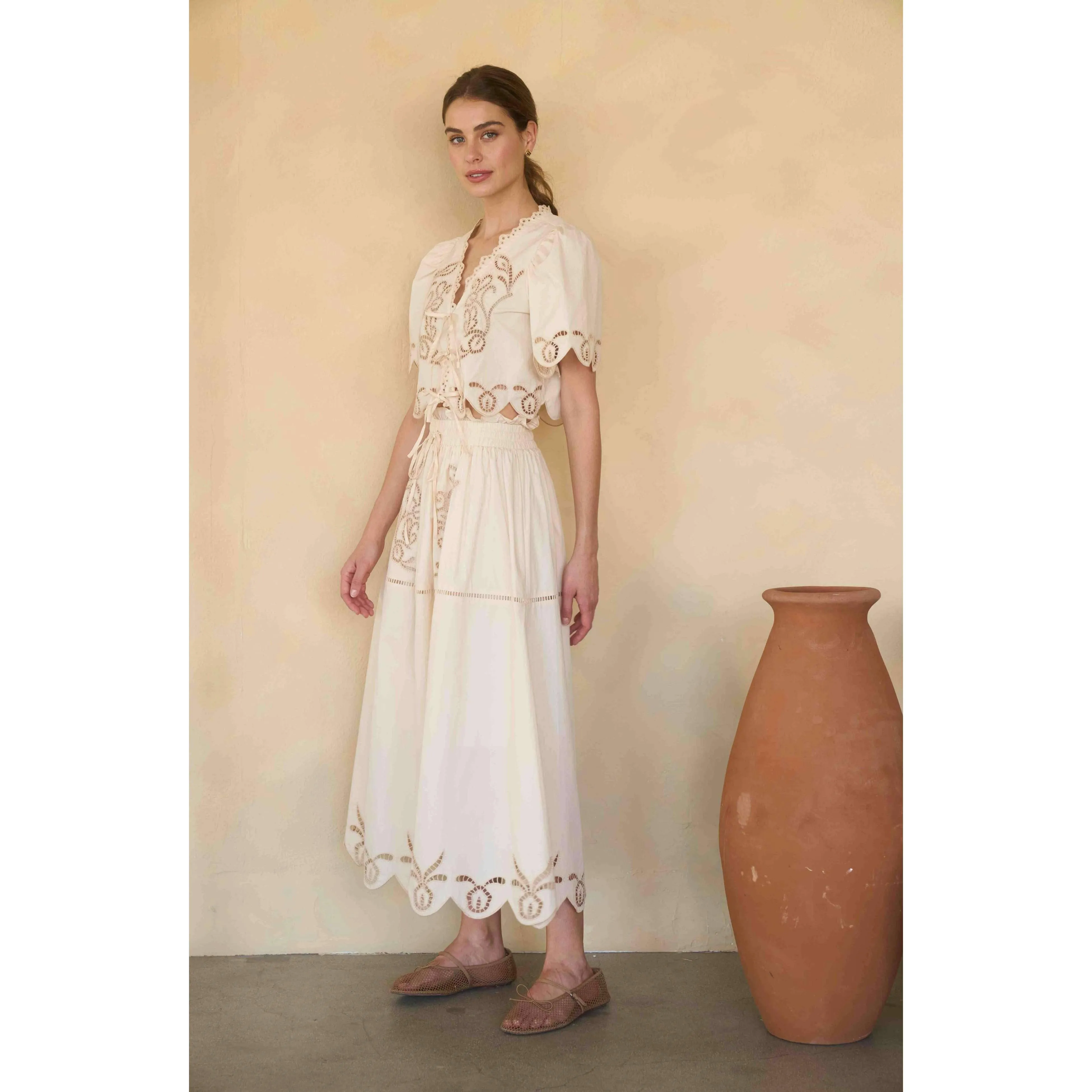 EYELET LADDER LACE SCALLOPED MIDI SKIRT: CREAM sold by Alicia Bell product image thumbnail 3