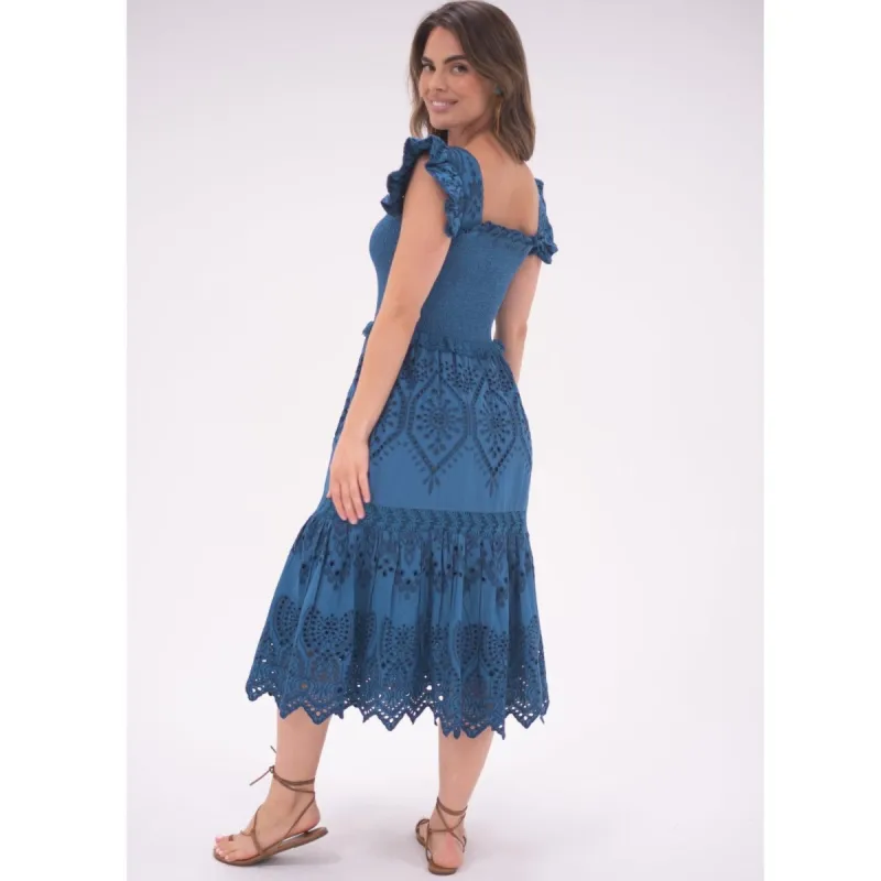 Turquoise Smocked Eyelet Midi Dress sold by Alicia Bell